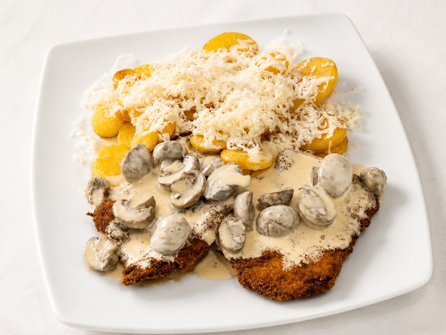 Schnitzel mit Pilzsoße und Beilage